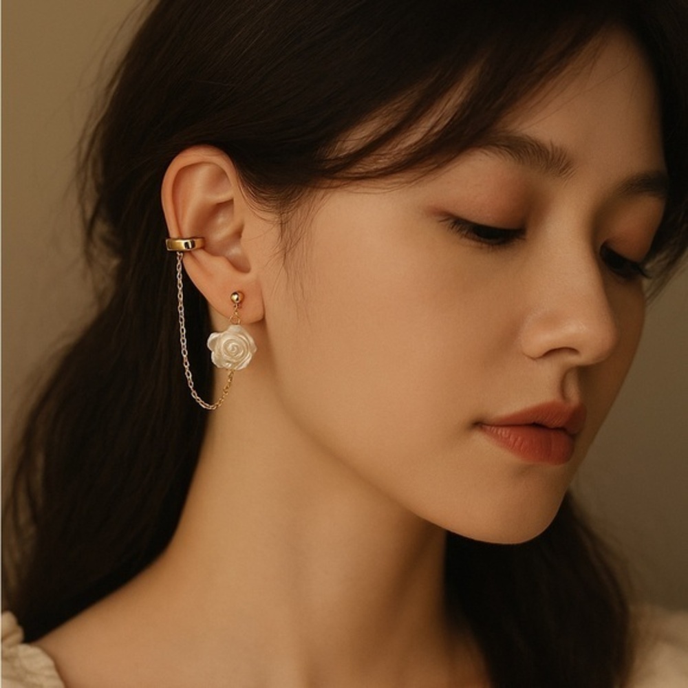 White Rose Whispers –‎ Mismatched Earrings with Dainty Pearl Chain new